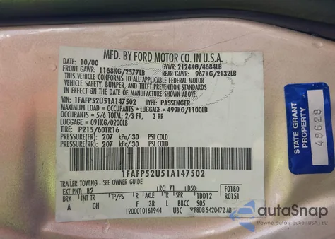 2001 Ford Taurus Lx from USA, damaged, VIN 1FAFP52U51A147502